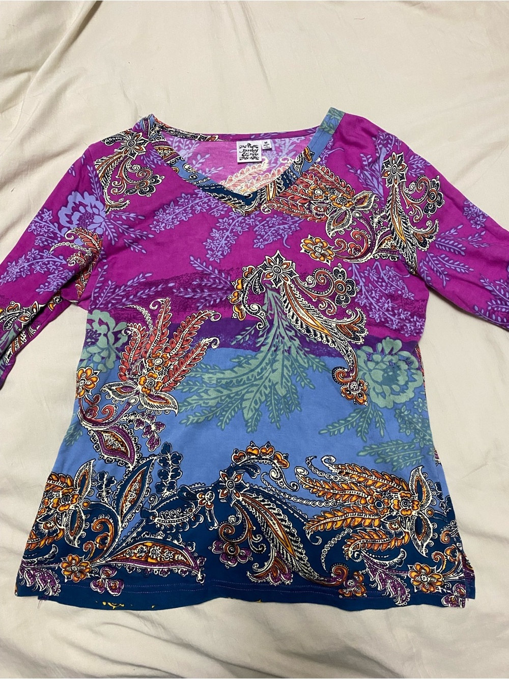 Vibrant Paisley V-Neck Long Sleeve Top - Pink & Blue